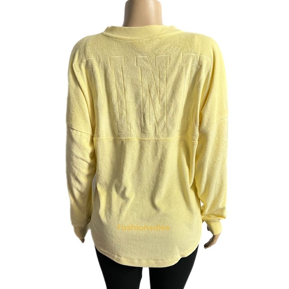 Victoria’s Secret Pink Varsity Terry Cloth V Neck Oversized Pullover Yellow - Picture 11 of 12